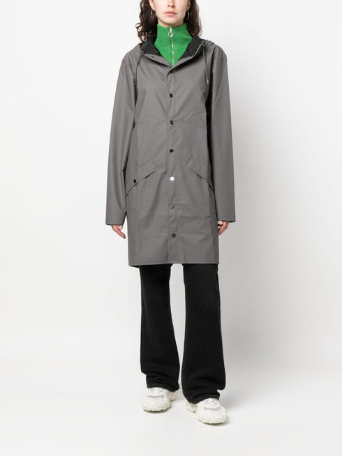 hooded stud-fastening raincoat