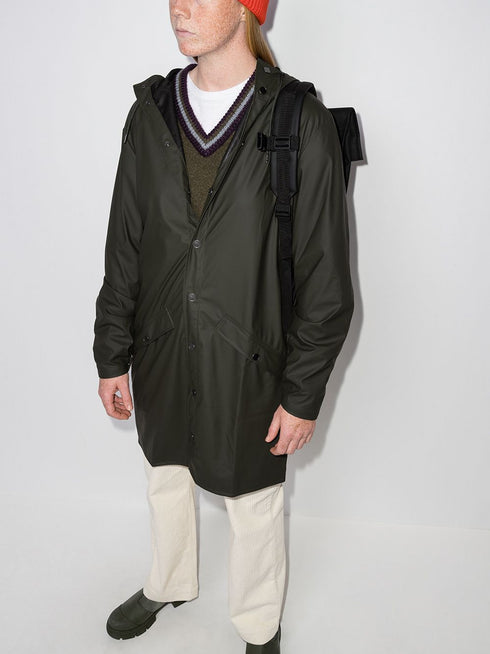 Longer drawstring-hood raincoat