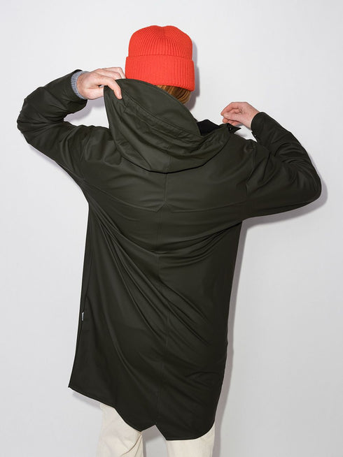 Longer drawstring-hood raincoat