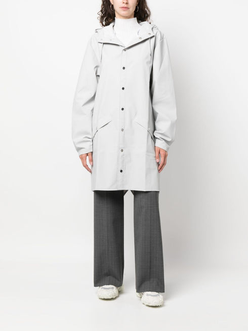 hooded stud-fastening raincoat