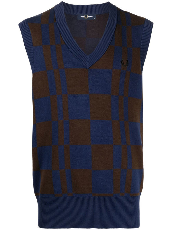 Checkerboard V-neck knitted vest