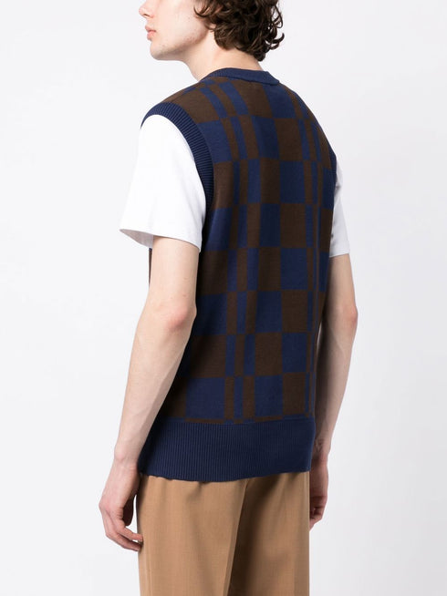 Checkerboard V-neck knitted vest