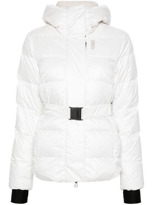 glossy belted ski coat