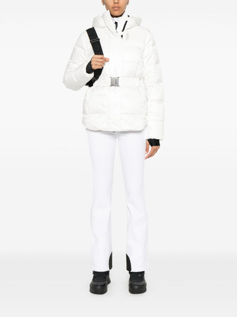 glossy belted ski coat