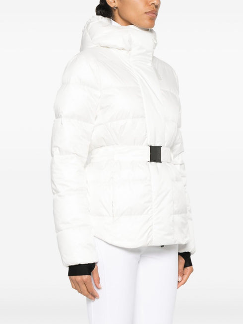 glossy belted ski coat