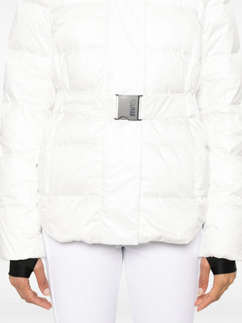 glossy belted ski coat