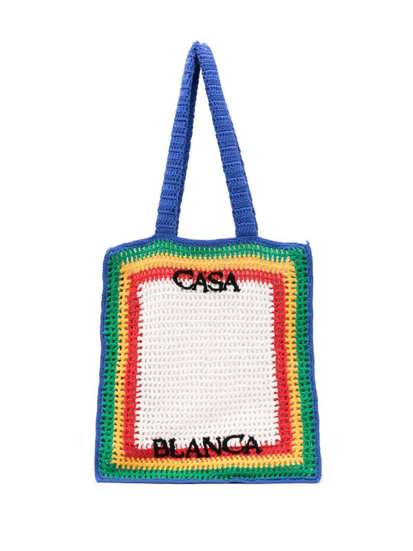 striped crochet-knit tote bag