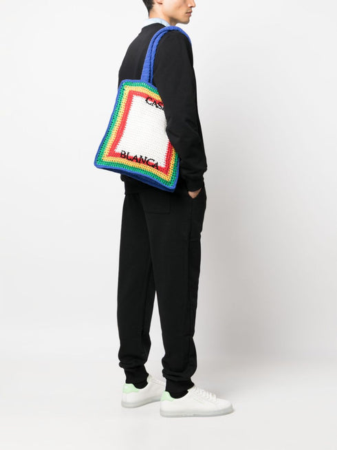 striped crochet-knit tote bag