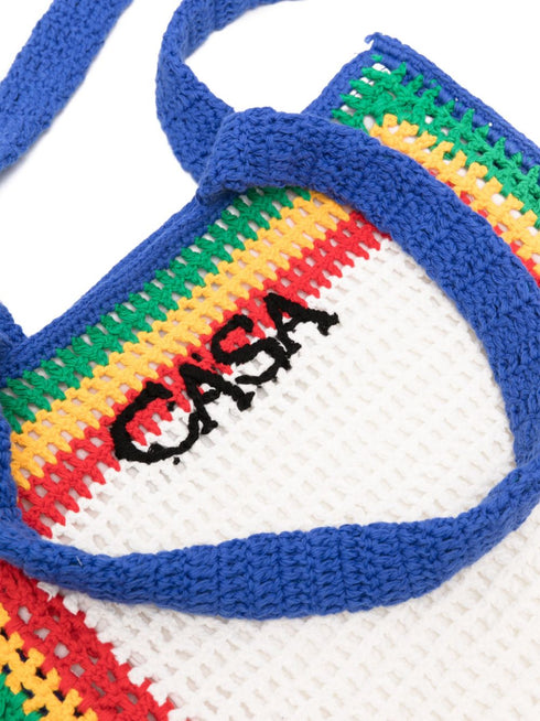 striped crochet-knit tote bag