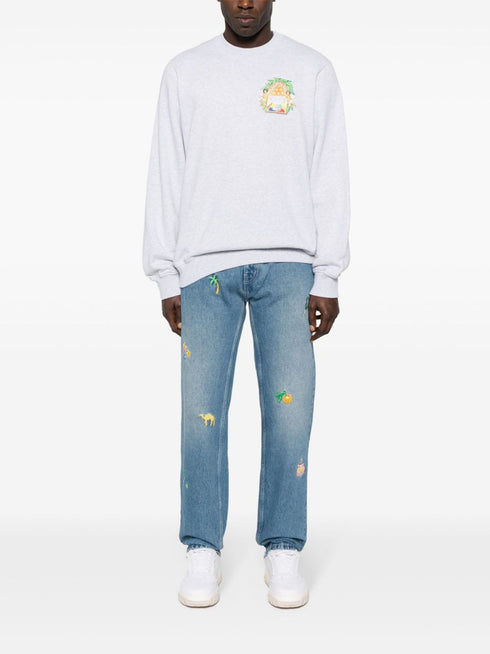 jeansy bawełniane z haftowanym wzorem i prostą nogawką