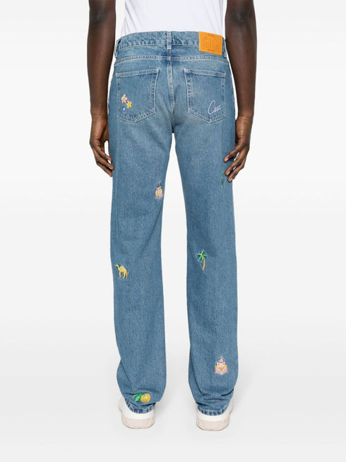 jeansy bawełniane z haftowanym wzorem i prostą nogawką