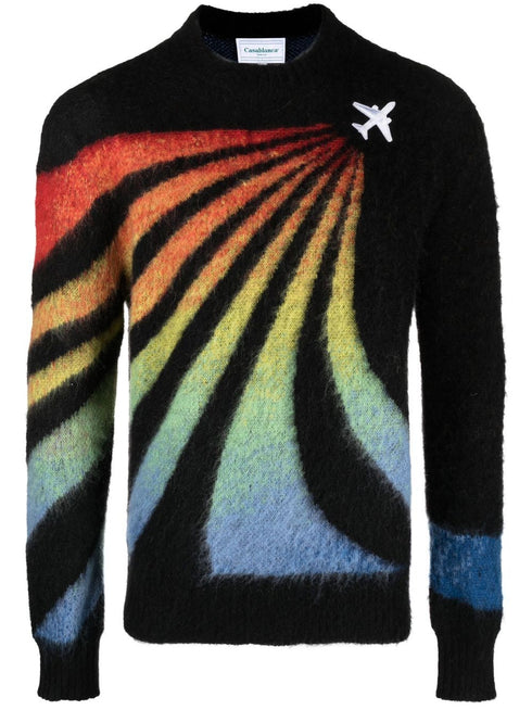 Rainbow-intarsia crew-neck jumper