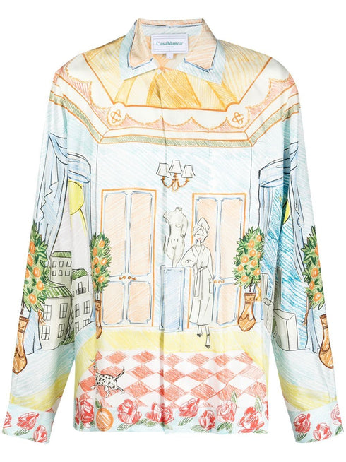 illustration-style print silk shirt