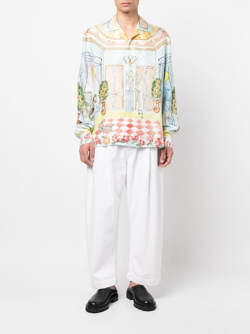 illustration-style print silk shirt