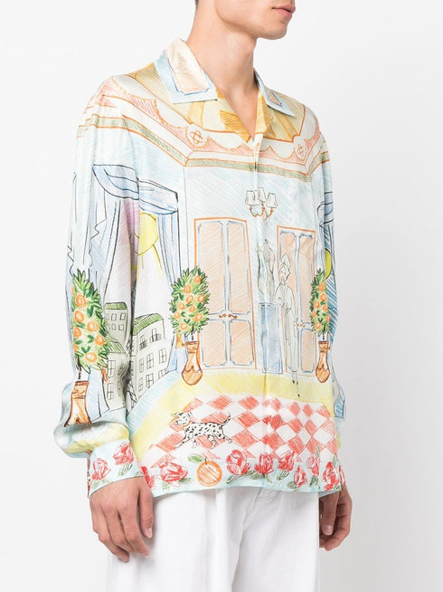 illustration-style print silk shirt