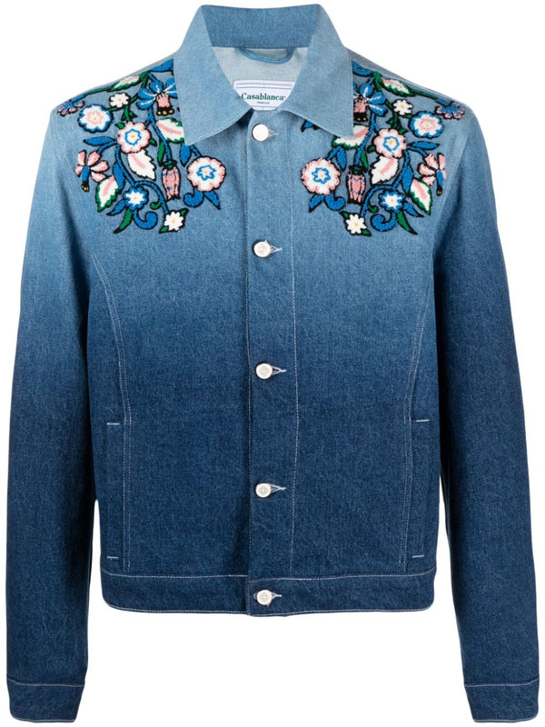 floral-embroidered ombré denim jacket
