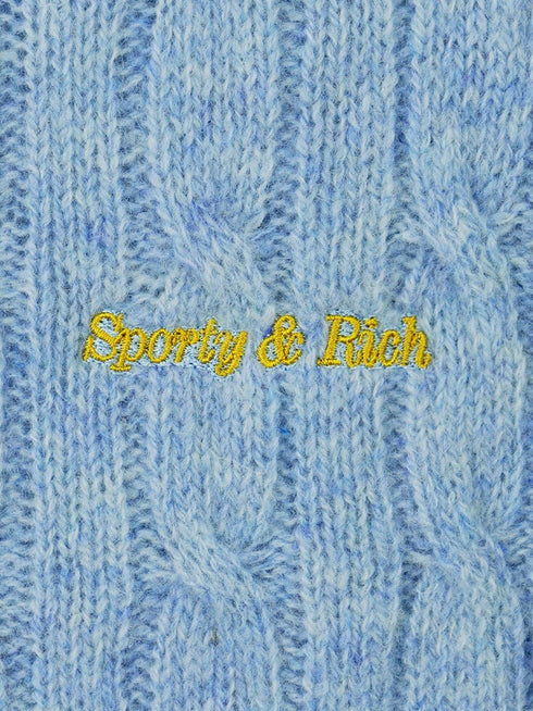 sweter z dzianiny warkoczowej z haftowanym logo